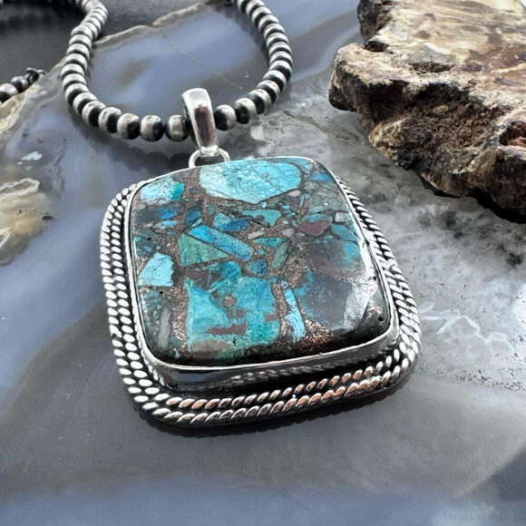 Sterling Southwestern Style Large Square Cooper Turquoise Pendant For Women - Picture 4 of 10
